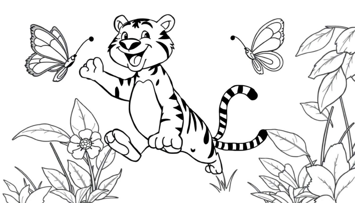 Placa de color de un tigre juguetón con mariposas en un entorno floral.