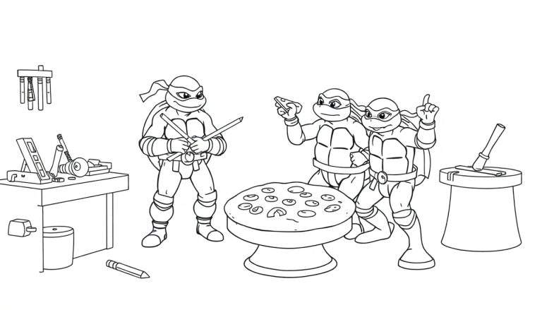 Tortugas Ninja listas para colorear, un dibujo de tres Tortugas Ninja alrededor de una pizza en blanco y negro, con detalles de su guarida.