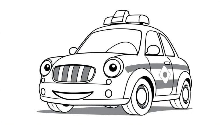 Un coche de policía sonriente, listo para colorear, con contornos sencillos y una placa de color.