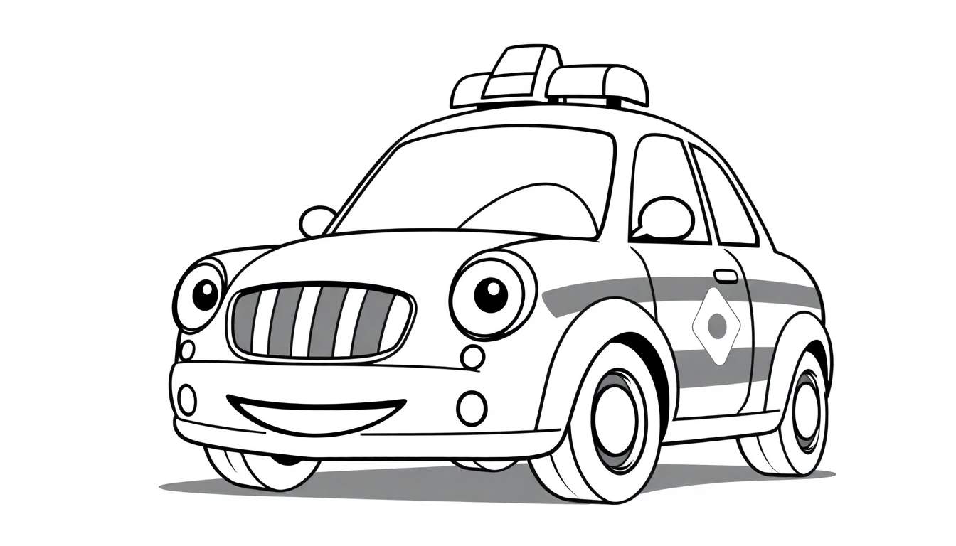 Un coche de policía sonriente, listo para colorear, con contornos sencillos y una placa de color.