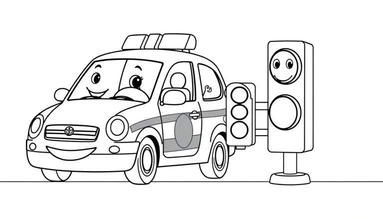 Coche de policía de dibujos animados sonriente con semáforo amigable, listo para colorear, destacando una placa de color.