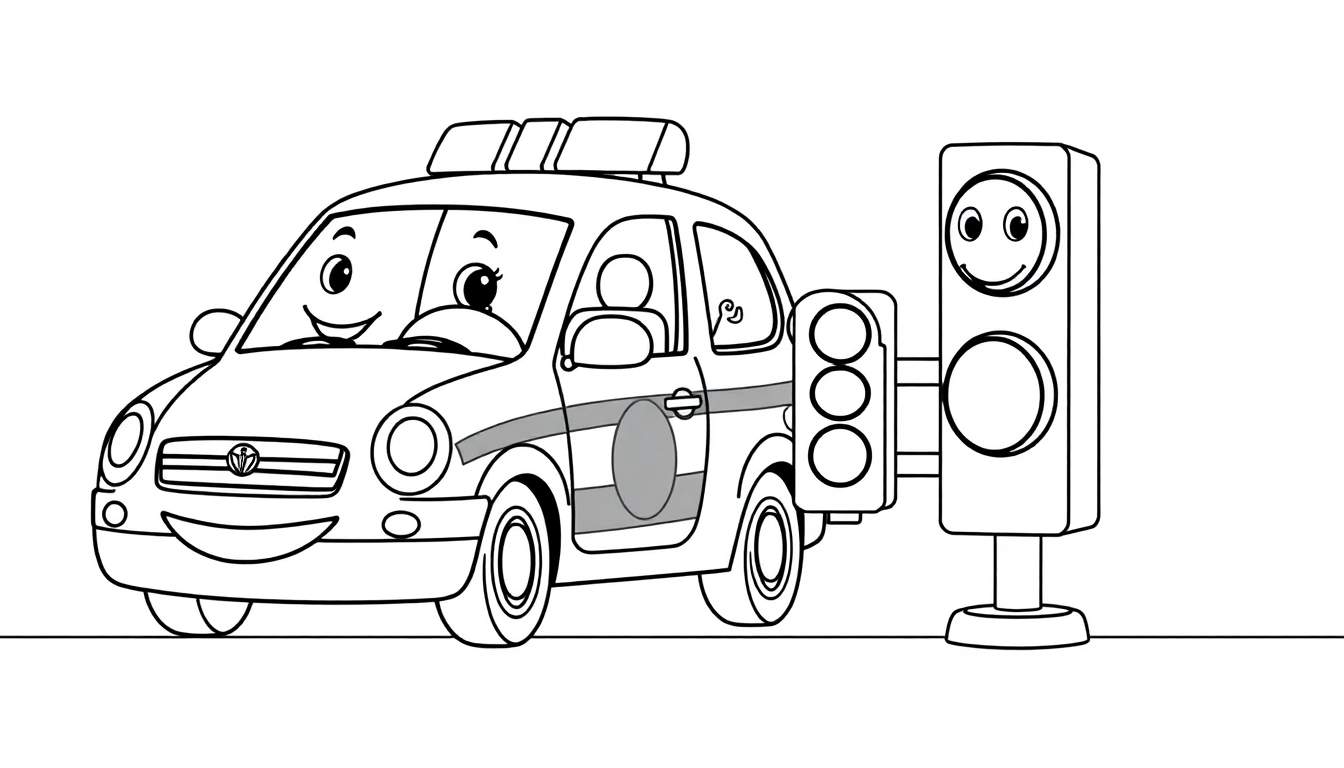 Coche de policía de dibujos animados sonriente con semáforo amigable, listo para colorear, destacando una placa de color.