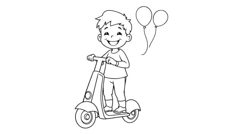 Niño sonriente en una placa de equilibrio para colorear.
