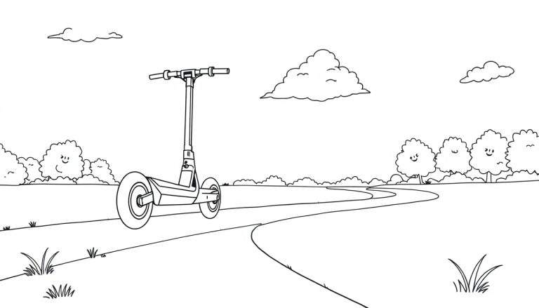 Un patinete eléctrico divertido rodando en un camino con árboles sonrientes, un texto para colorear en la placa.