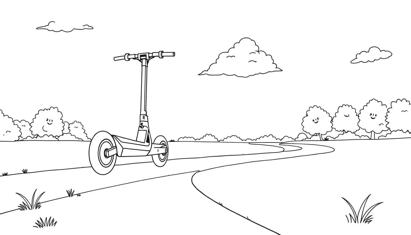 Un patinete eléctrico divertido rodando en un camino con árboles sonrientes, un texto para colorear en la placa.