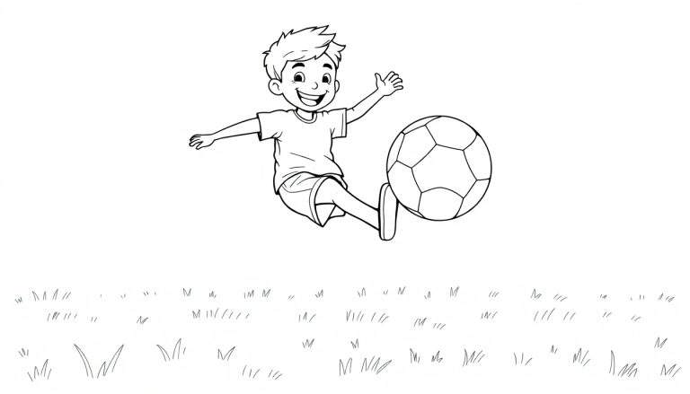 Placa de color: niño pateando una pelota de fútbol.