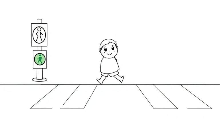 Un niño cruza felizmente una calle por un paso de peatones bajo un semáforo verde, listo para ser coloreado en una placa de color.