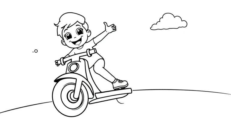 Un niño sonriente saludando mientras anda en un patinete de ruedas grandes para colorear, mostrando la placa de color.