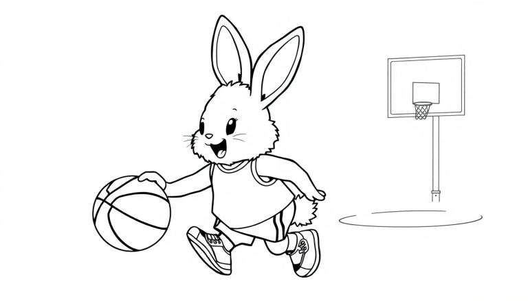 Un conejito jugando al baloncesto, listo para colorear en una placa de color.
