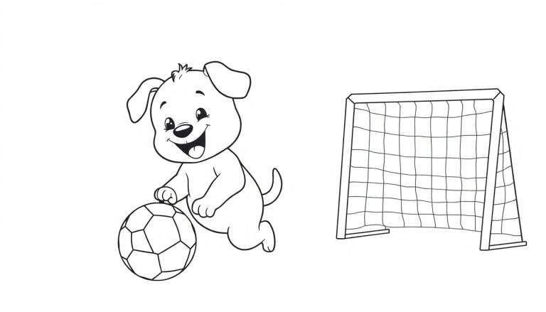 Placa de color de un perrito feliz jugando fútbol con una portería.