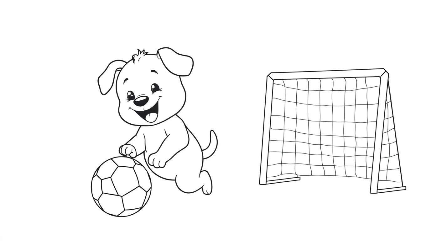 Placa de color de un perrito feliz jugando fútbol con una portería.