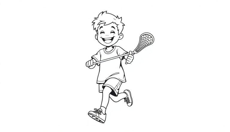Placa de color de un niño feliz jugando lacrosse.