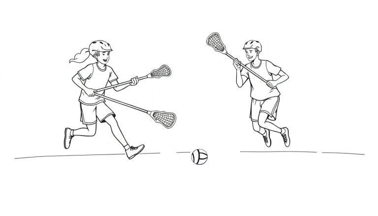 Dos niños jugando lacrosse, con una línea gruesa para colorear en esta placa de color en blanco y negro.