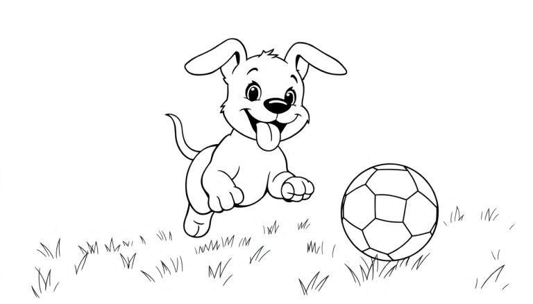 Un perro feliz saltando hacia una pelota de fútbol en un campo de hierba, listo para colorear en la placa de color.