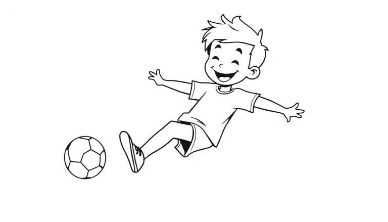Placa de color de un niño sonriente pateando un balón de fútbol.