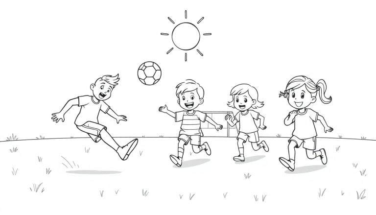Un dibujo para colorear en blanco y negro de niños jugando al fútbol bajo el sol, con un niño a punto de patear, otro corriendo y dos niñas detrás, todo en un campo de hierba con una portería pequeña.