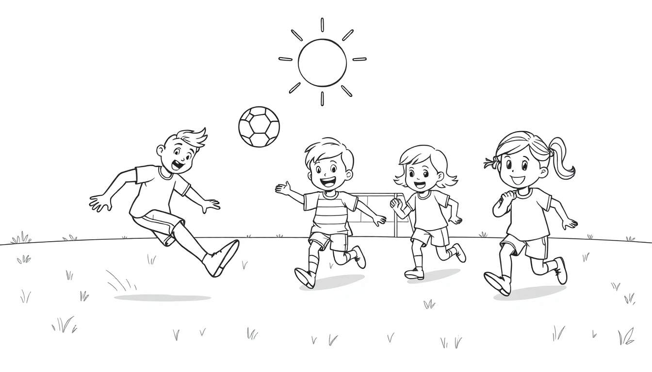 Un dibujo para colorear en blanco y negro de niños jugando al fútbol bajo el sol, con un niño a punto de patear, otro corriendo y dos niñas detrás, todo en un campo de hierba con una portería pequeña.