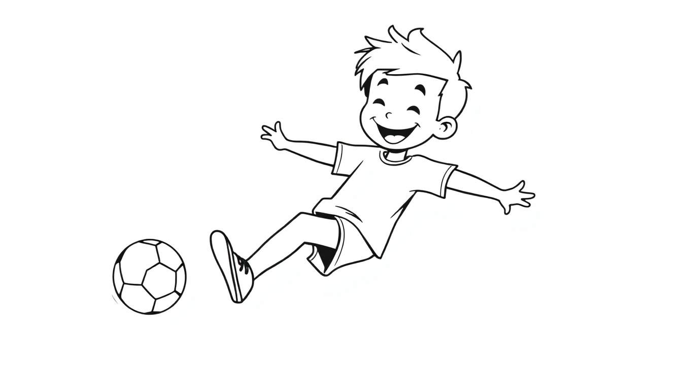 Placa de color de un niño sonriente pateando un balón de fútbol.