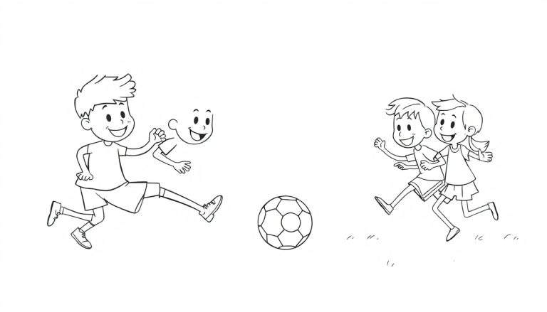 Página para colorear de niños jugando al fútbol, con un toque surrealista.