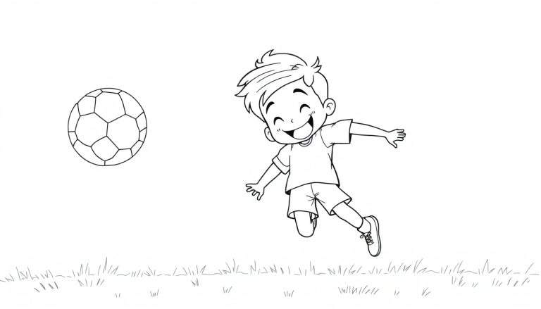 Un niño salta felizmente hacia un balón de fútbol, listo para patear, en una página para colorear en blanco y negro con césped simple y fondo blanco. Esta es una placa de color ideal para que los niños se diviertan.