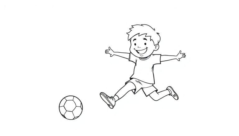 Niño sonriente en el aire listo para patear un balón de fútbol, página para colorear, placa de color.