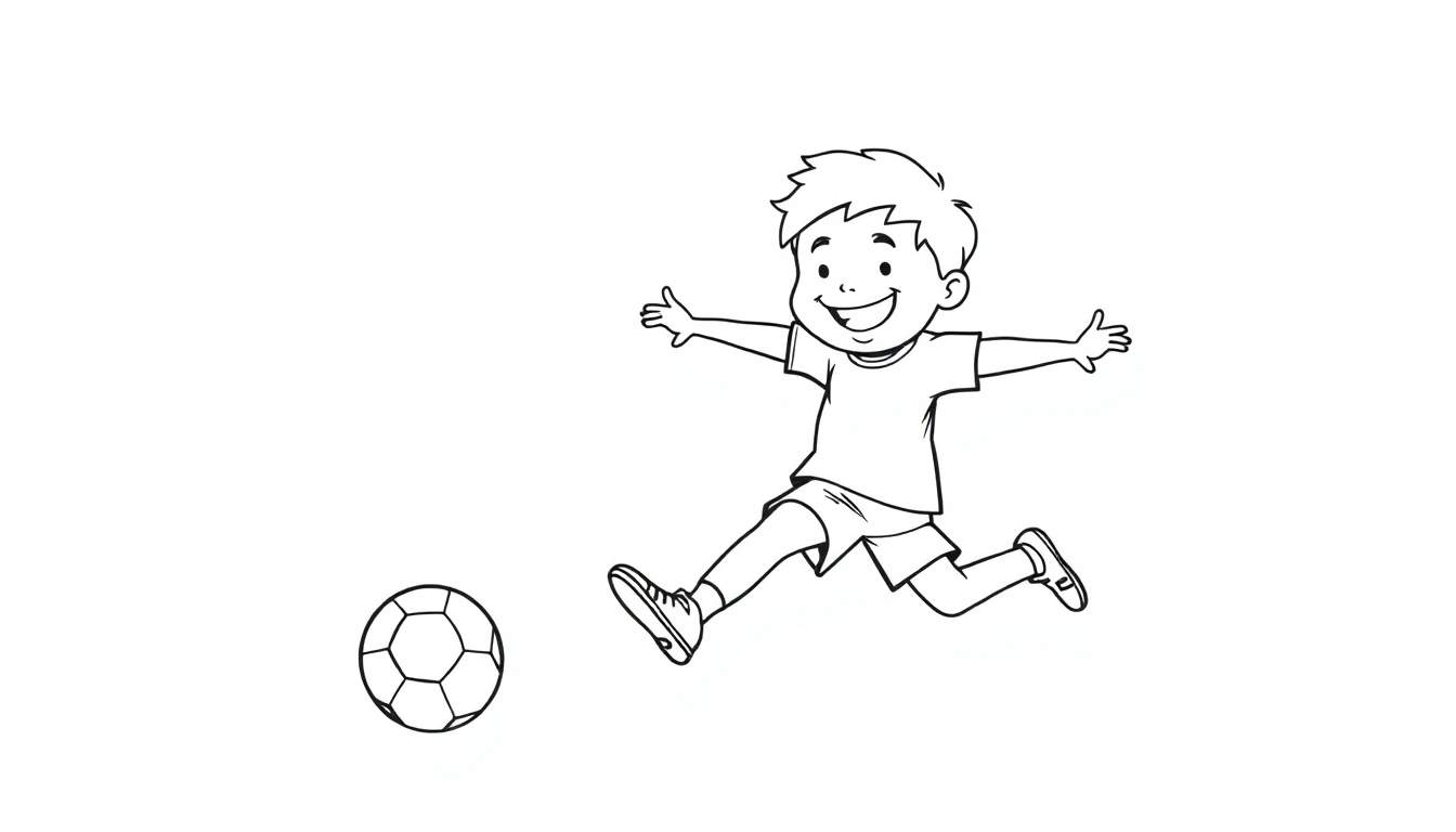 Niño sonriente en el aire listo para patear un balón de fútbol, página para colorear, placa de color.
