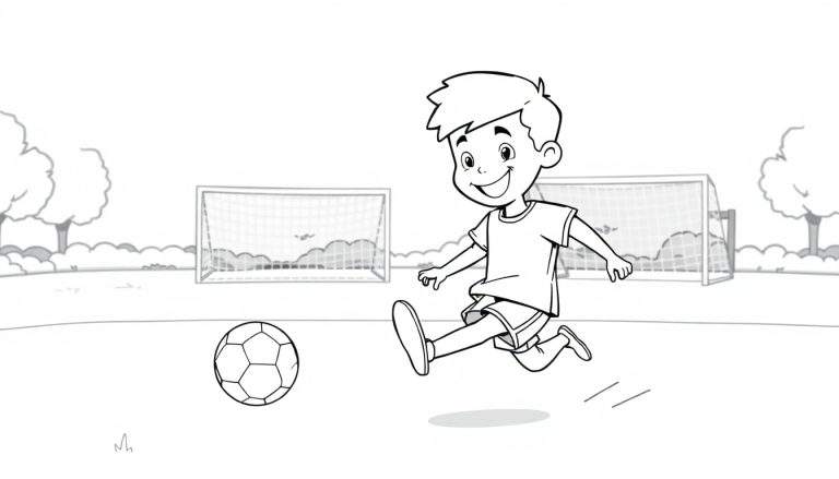 Placa de color de un niño sonriente jugando al fútbol.