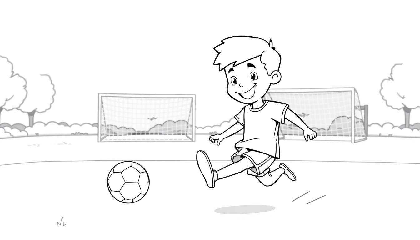Placa de color de un niño sonriente jugando al fútbol.