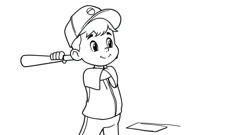 Niño pequeño listo para batear una pelota de béisbol, con la placa de color lista para ser pintada.