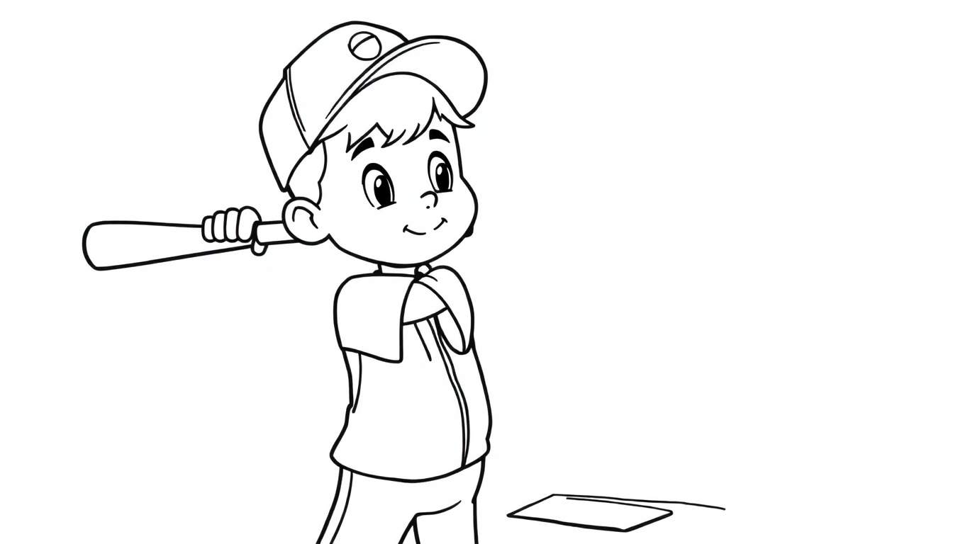 Niño pequeño listo para batear una pelota de béisbol, con la placa de color lista para ser pintada.