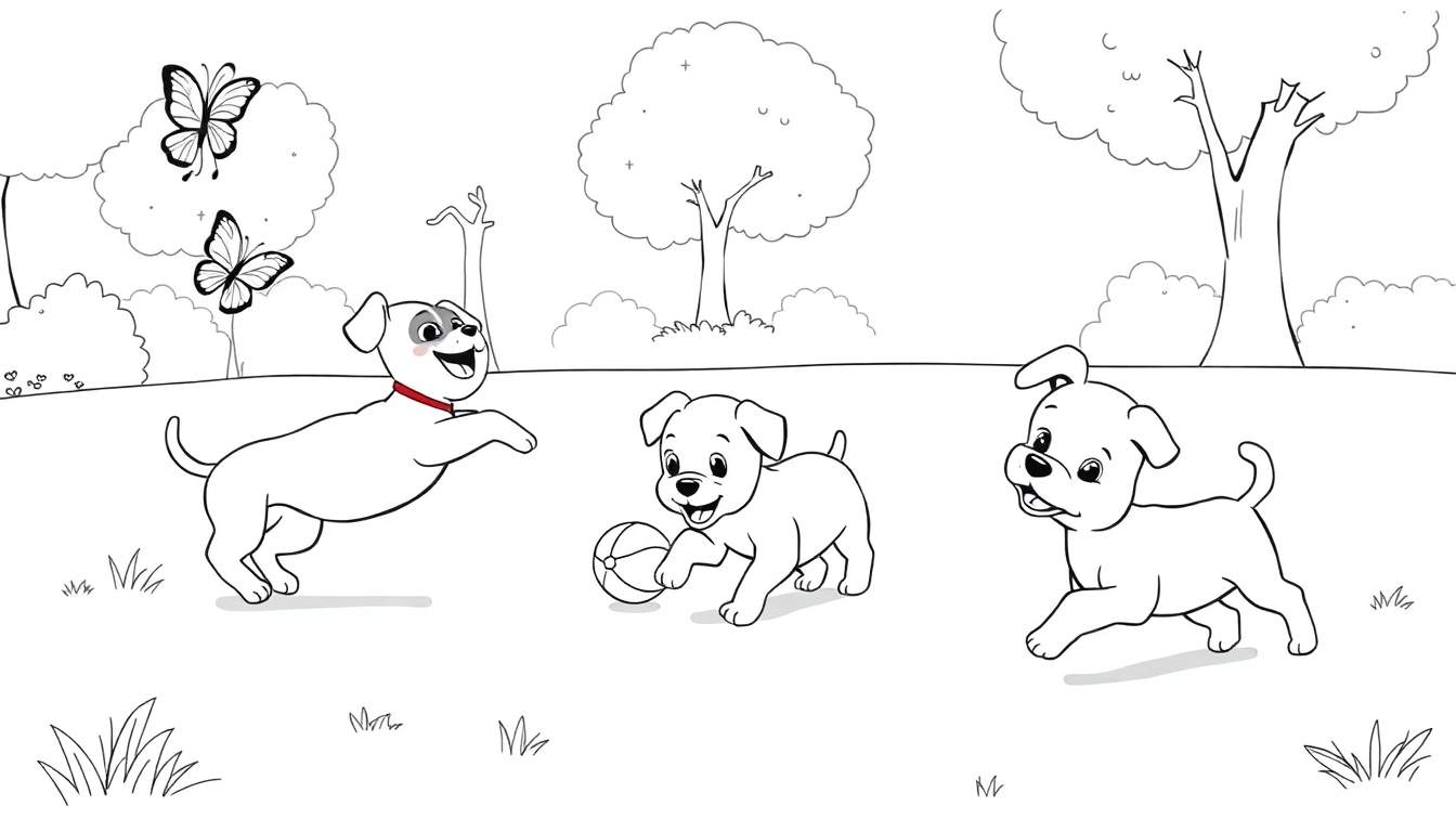 Placa de color de cachorros jugando en un parque.