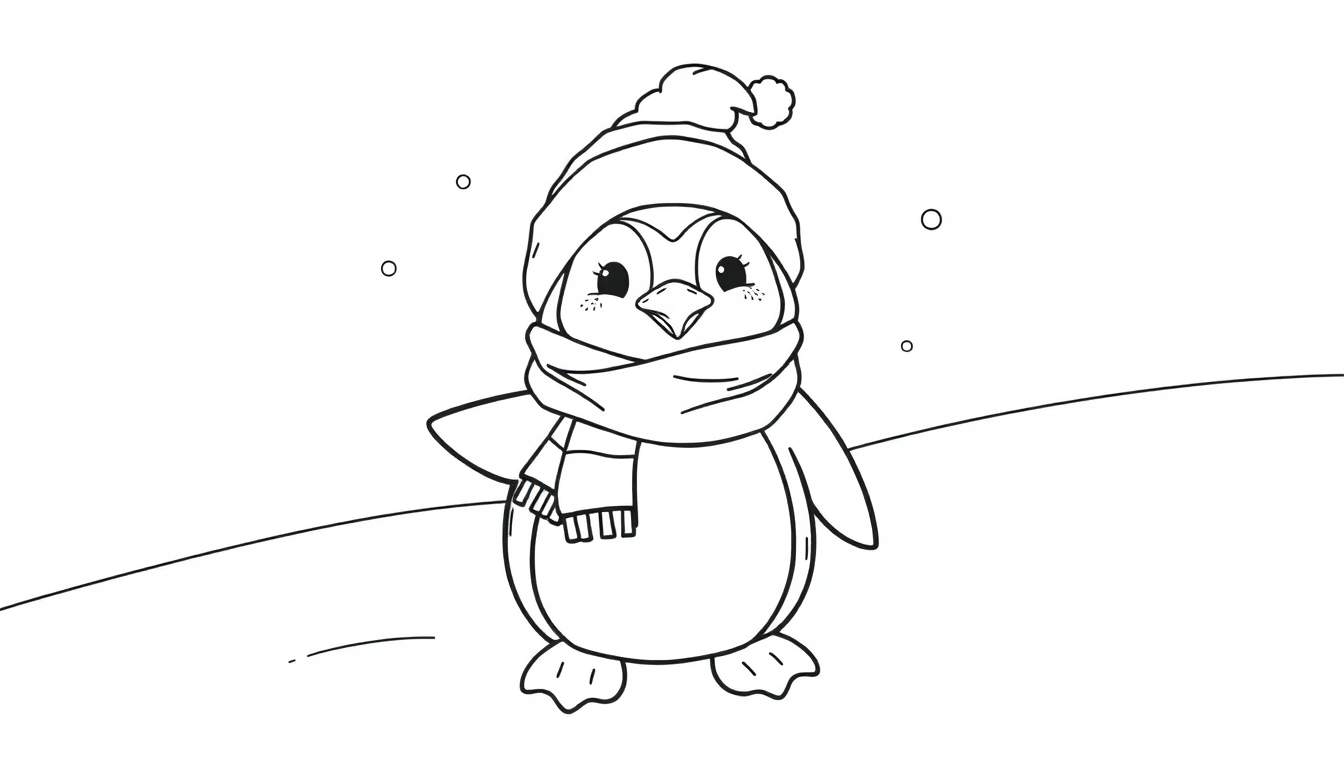 Placa de color de un pingüino adorable con gorro y bufanda en la nieve.