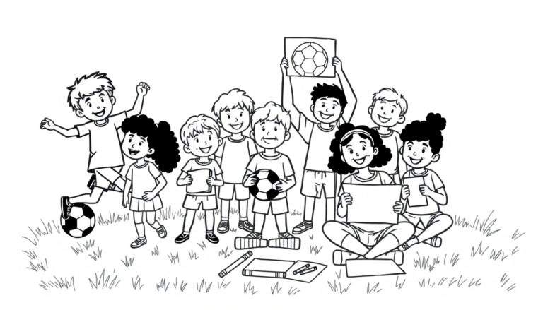 Un grupo diverso de niños disfrutando de actividades al aire libre, incluyendo patear un balón de fútbol, sujetar un balón, y sentados dibujando con crayones y libros para colorear, todo sobre una placa de césped.