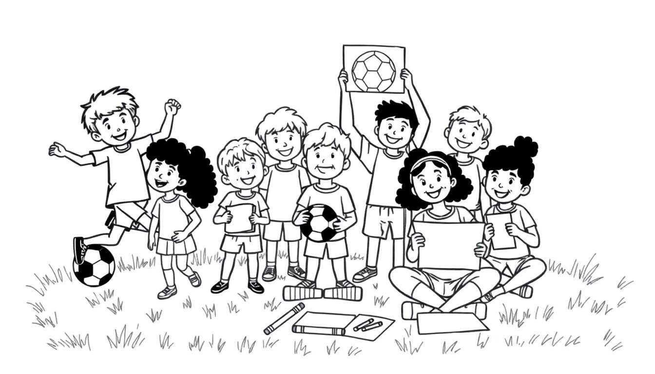 Un grupo diverso de niños disfrutando de actividades al aire libre, incluyendo patear un balón de fútbol, sujetar un balón, y sentados dibujando con crayones y libros para colorear, todo sobre una placa de césped.