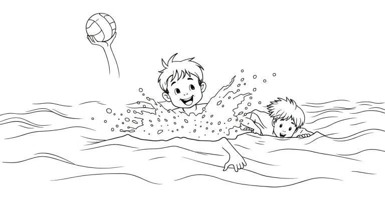 Una placa de color para colorear con dos niños divirtiéndose en el agua y una pelota de voleibol.