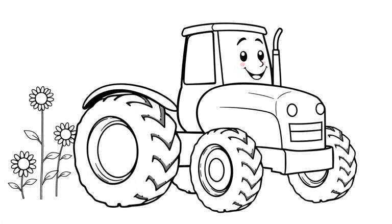 Un tractor sonriente con ruedas grandes y flores de girasol, listo para ser pintado en una placa de color.