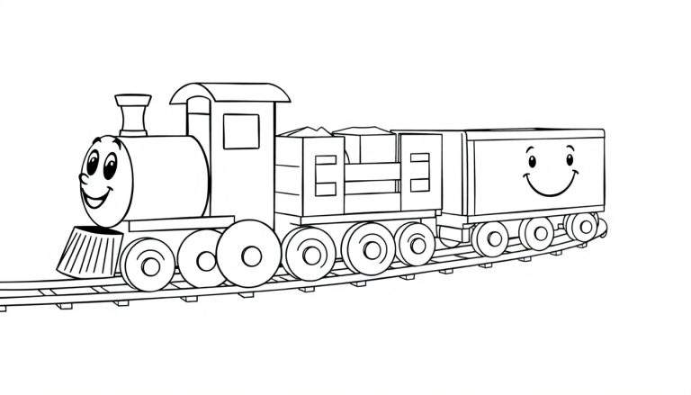 Placa de color de un tren de dibujos animados feliz en movimiento.