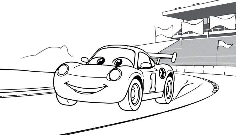 Placa de color: Coche de carreras sonriente con el número 1 en la pista