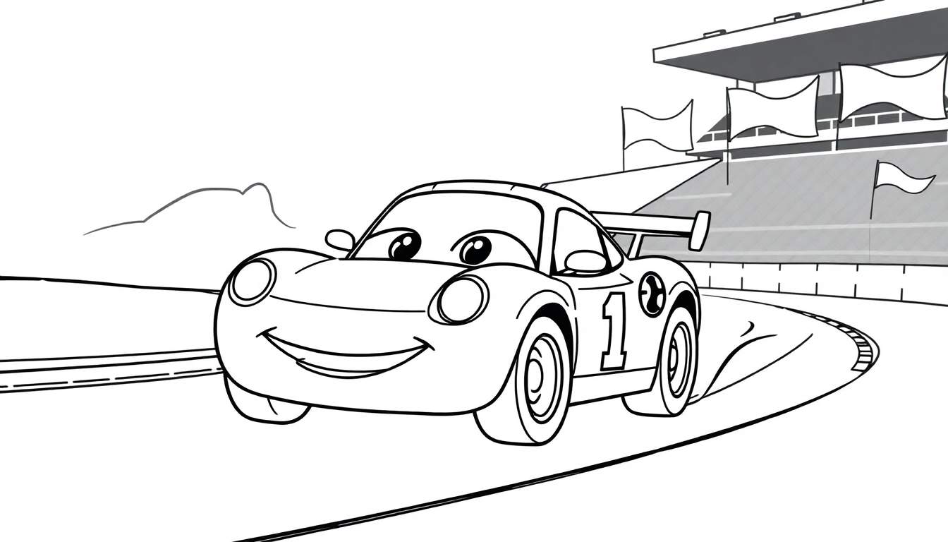 Placa de color: Coche de carreras sonriente con el número 1 en la pista