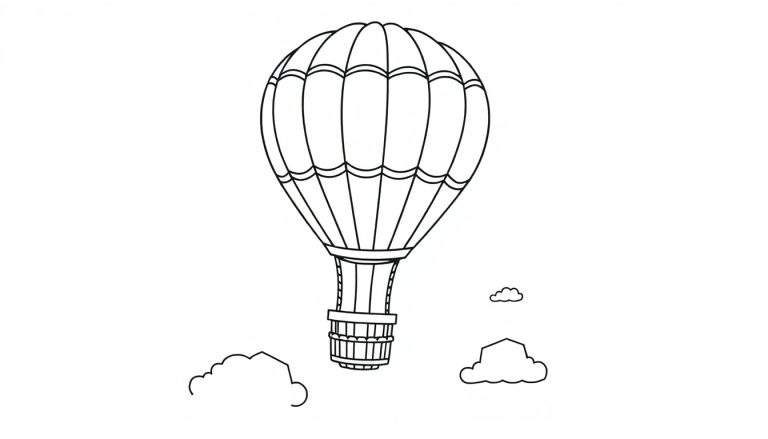 Placa de color de un globo aerostático sonriente flotando entre nubes.