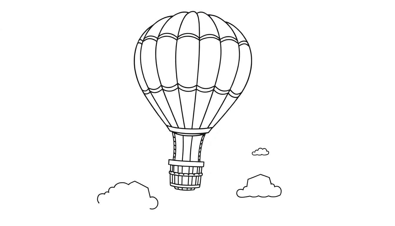 Placa de color de un globo aerostático sonriente flotando entre nubes.