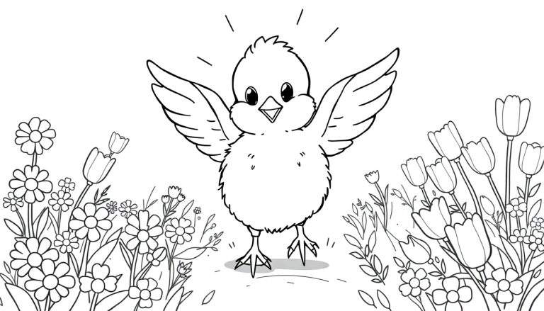 Placa de color de un pollito feliz entre flores.