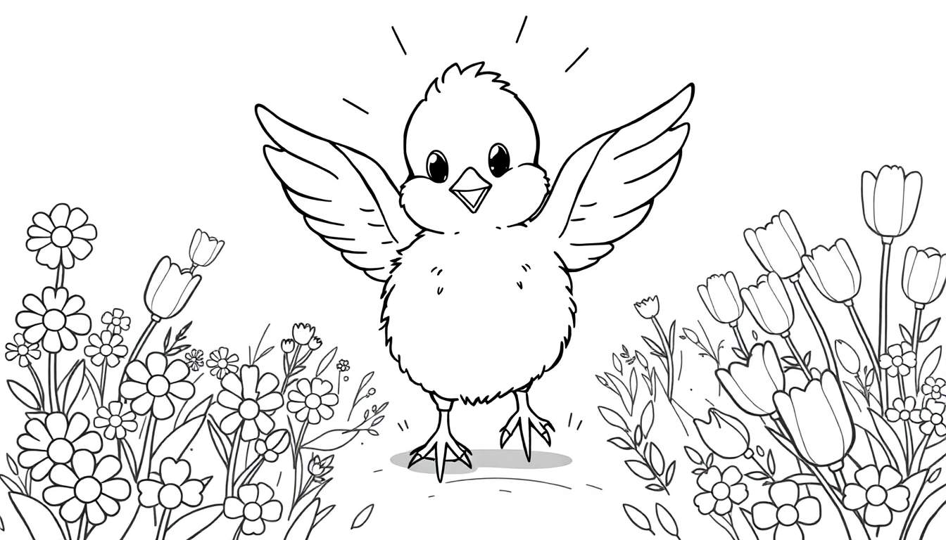 Placa de color de un pollito feliz entre flores.