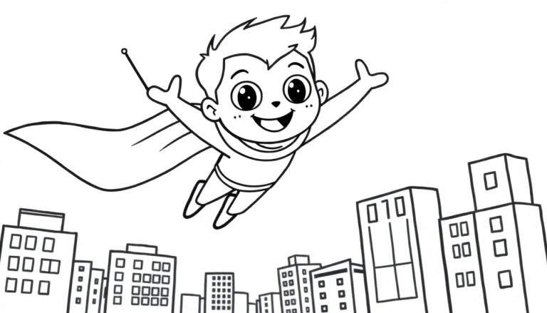 Placa de color: Superhéroe infantil volando sobre una ciudad con capa