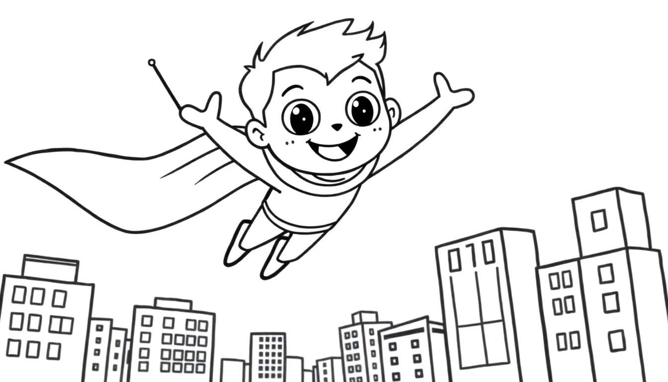 Placa de color: Superhéroe infantil volando sobre una ciudad con capa