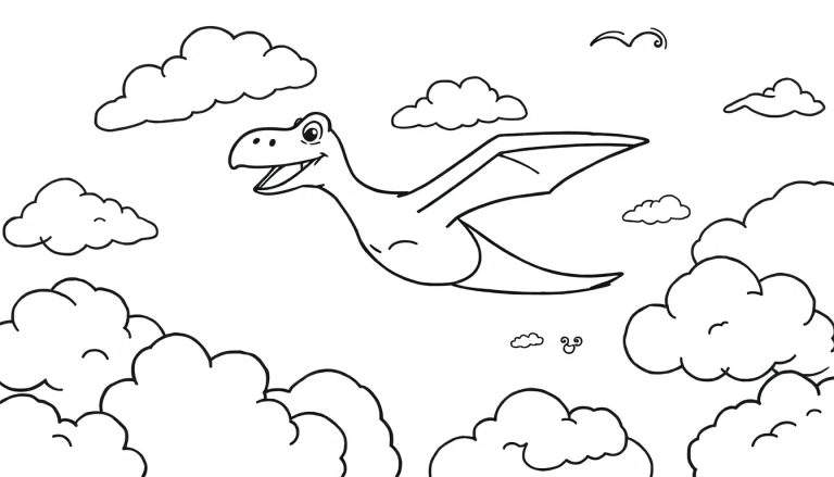 Pterodáctilo amigable volando entre nubes, listo para colorear con una placa de color.