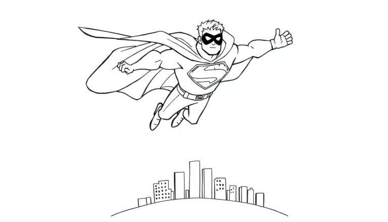 Superhéroe volando sobre la ciudad, listo para colorear en la placa de color.