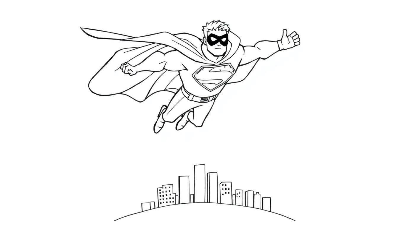 Superhéroe volando sobre la ciudad, listo para colorear en la placa de color.