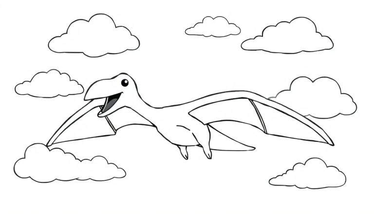 Un pterodáctilo sonriente listo para ser coloreado, volando en un cielo nublado.