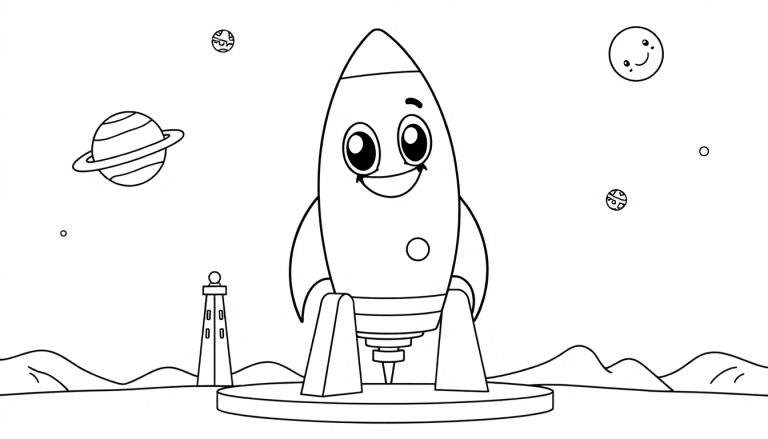 Un cohete de dibujos animados sonriente listo para despegar, con una placa de color para colorear.